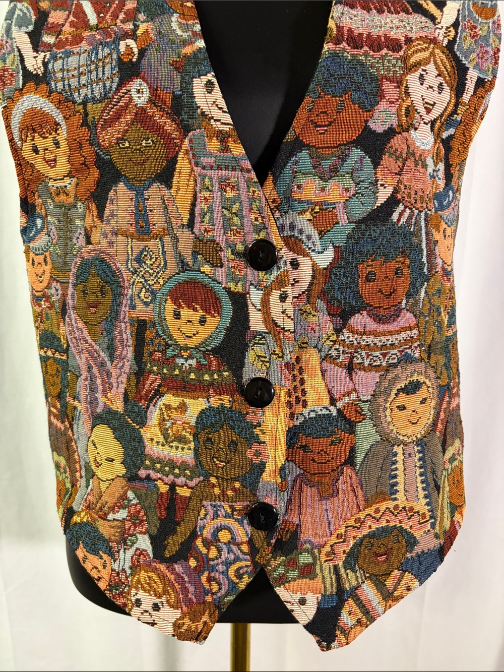 Vintage 90s Facets by Mirrors Children of the World Tapestry Print Vest - Picture 7 of 15